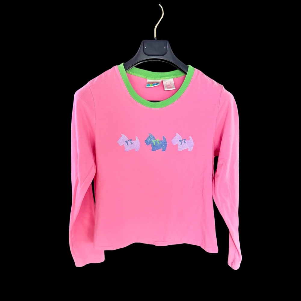 Vintage Seventeen Y2K Pink Ringer Tee Glitter Scottie Dog Graphic Long‎ Sleeve M